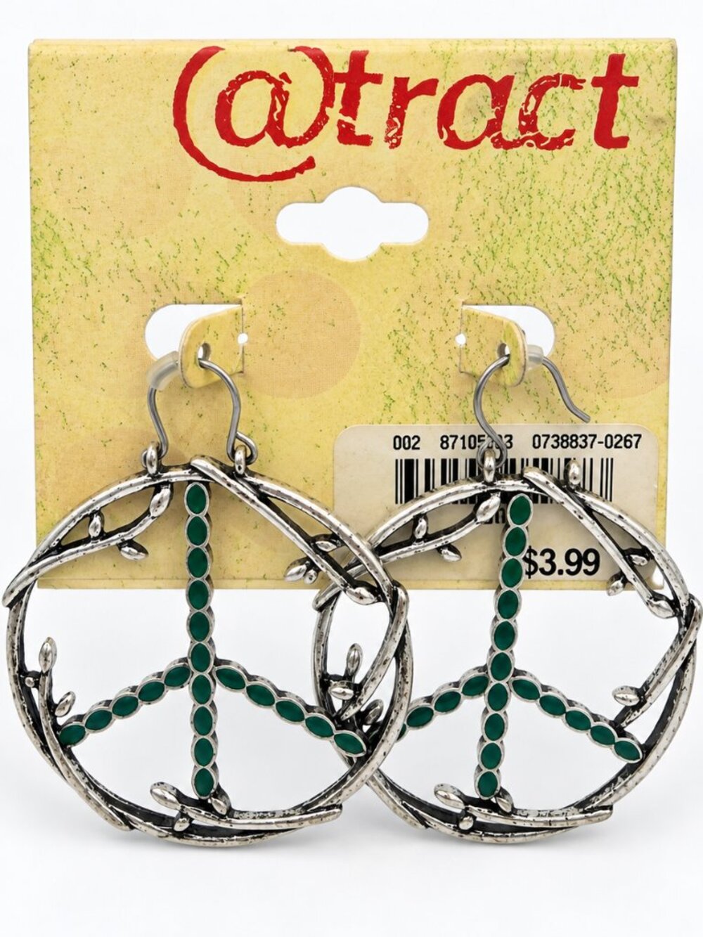 @tract NWT Peace Sign Green Silver Tone Dangle Earrings